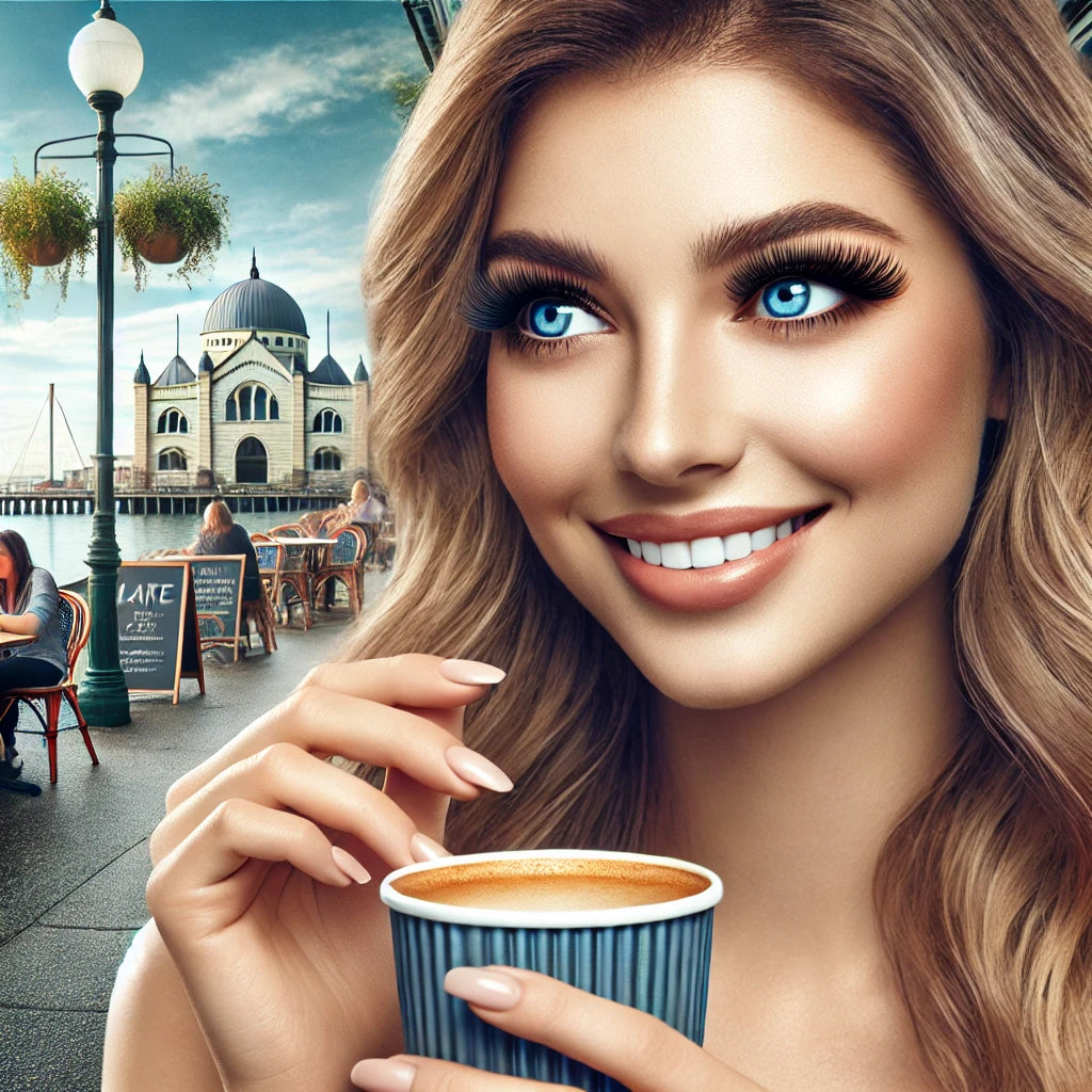 beautiful young woman socializing in Geelong with a coffee. She has clearly visible, highlighted eyelashes